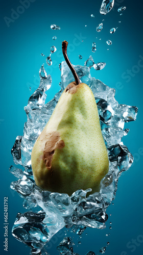 A ripe pear in water splash; Spotted pear falling in water bubbles; Half rotten fruit; 4k (3264x5864)