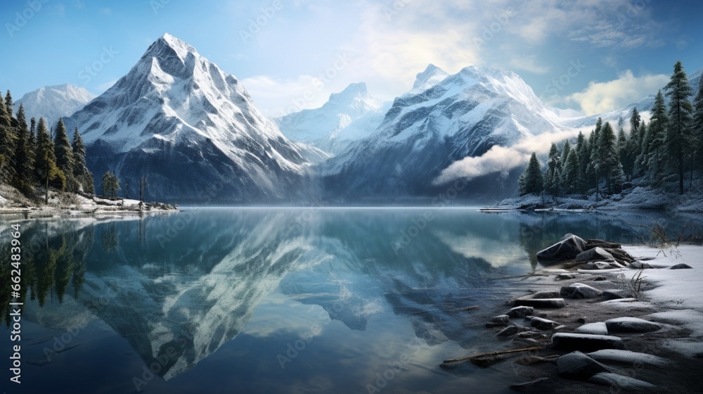 A serene lake surrounded by snowy mountains, with a reflection of the peaks on the calm, mirror-like water.