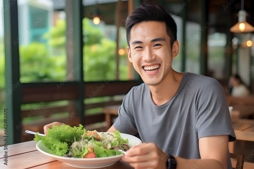 Happy Asian man eating green salad for good health