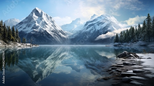 A serene lake surrounded by snowy mountains, with a reflection of the peaks on the calm, mirror-like water. © Nasreen