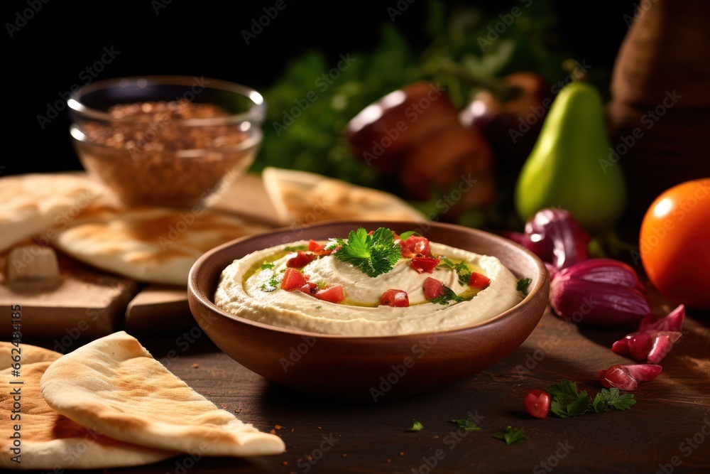 Pita bread served with a bowl of creamy hummus, olives, and fresh vegetables, ideal for food and recipe concepts. Generative Ai