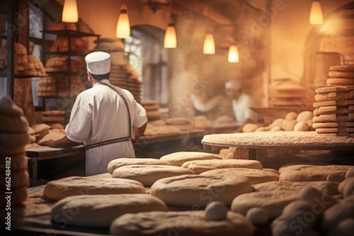 Inside of a traditional Arabic bakery filled with stacks of freshly baked bread, with bakers working in the background. Generative AI