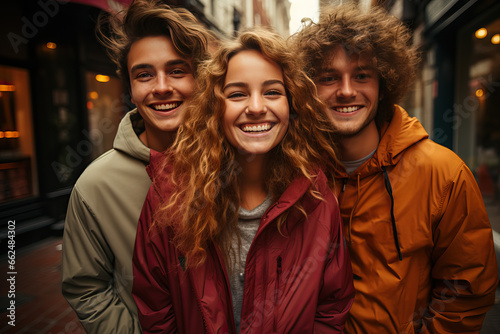 Cute young woman with curly hair with group of happy young college friends having fun together at autumn city outdoors.