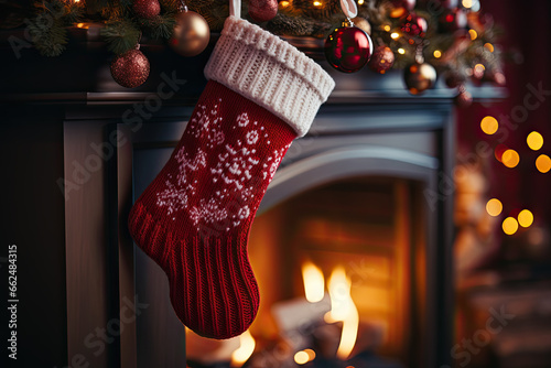 Christmas stocking hanging over fireplace in a festively decorated room for the holiday