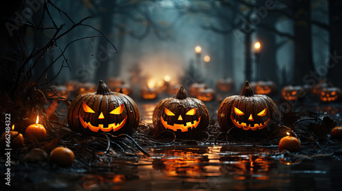 Halloween pumpkins and burning candles in a creepy forest at night
