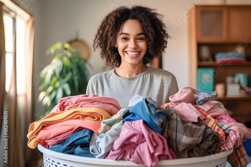 Young African woman happy carrying messy dirty clothes in basket at home