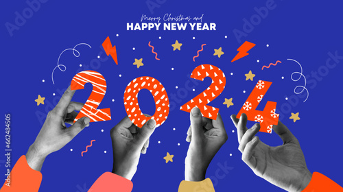  Merry christmas  and Happy new year collage design. With hands holding 2024. Colorful collage style illustrations. Vector design for poster, banner, greeting and  celebration. photo