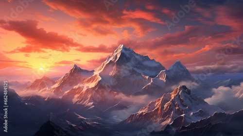 A snow-covered mountain range at sunset, with the peaks bathed in warm hues of pink and orange, creating a breathtaking scene.