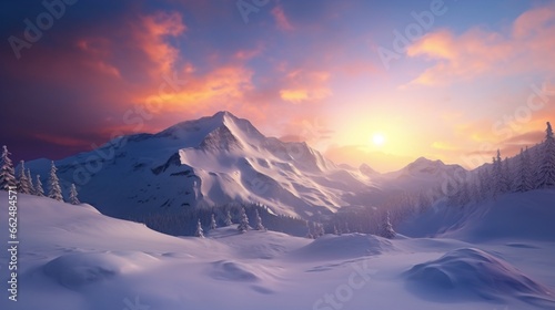 A snowy mountain pass at sunrise, with the soft morning light casting a warm glow on the snow-covered landscape.