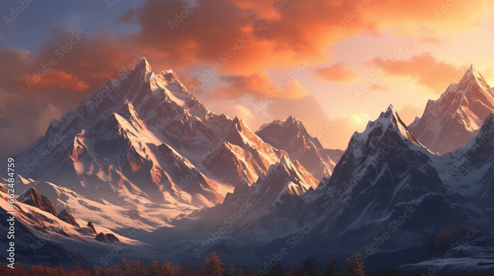 A snowy mountain range at dusk, with the last light of the day casting a warm glow on the snow-covered peaks.