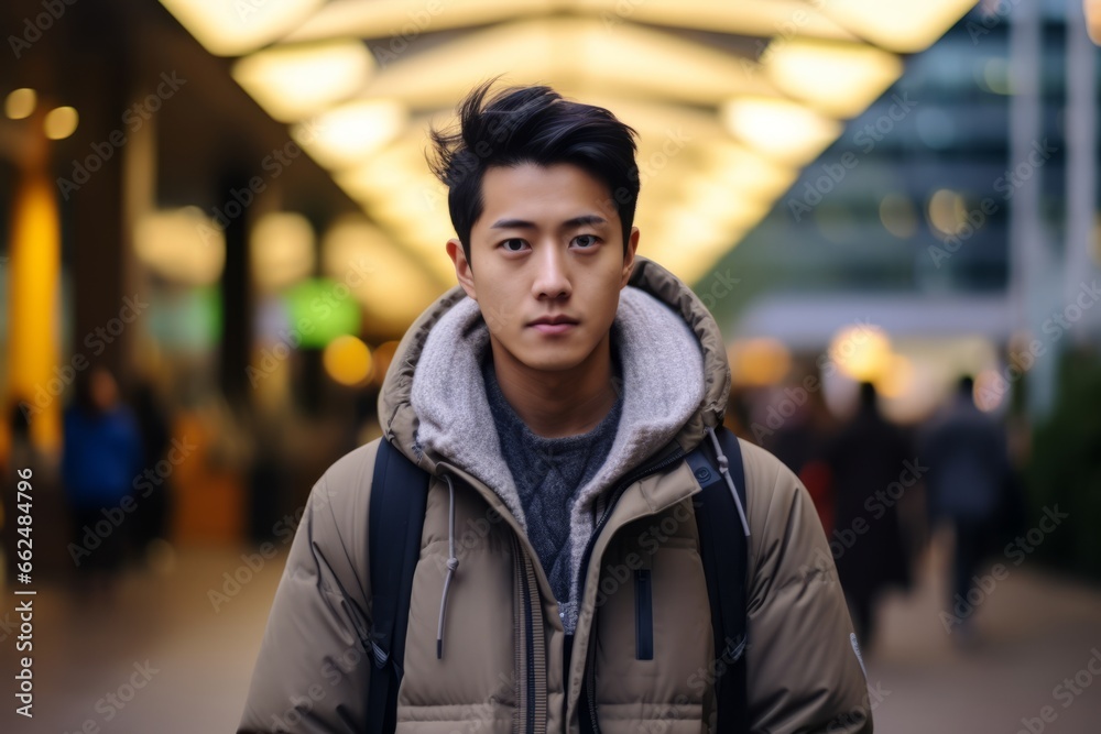 young asian man in the city at night, looking at camera young asian man in the city at night, looking at camera