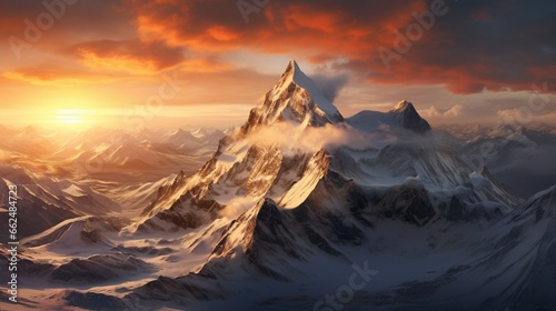 A snowy mountain peak bathed in the soft glow of the setting sun, with a vast, pristine landscape stretching below.