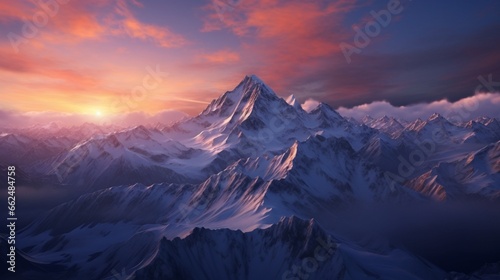 A snowy mountain range at dusk  with the last light of the day casting a warm glow on the snow-covered peaks.