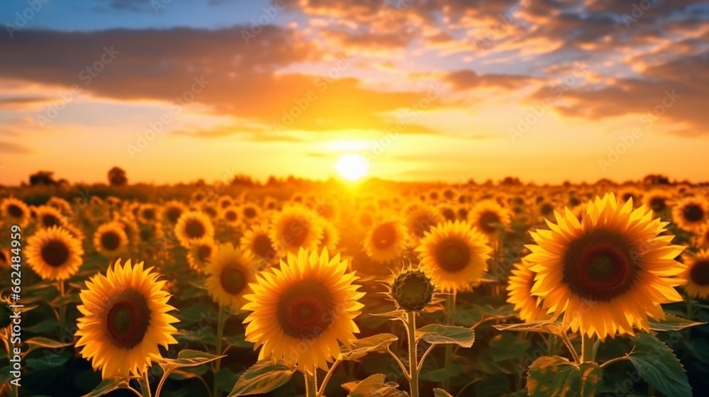 A sunflower field at sunset, with the warm golden light casting long shadows on the ground and painting the sky in vivid hues.