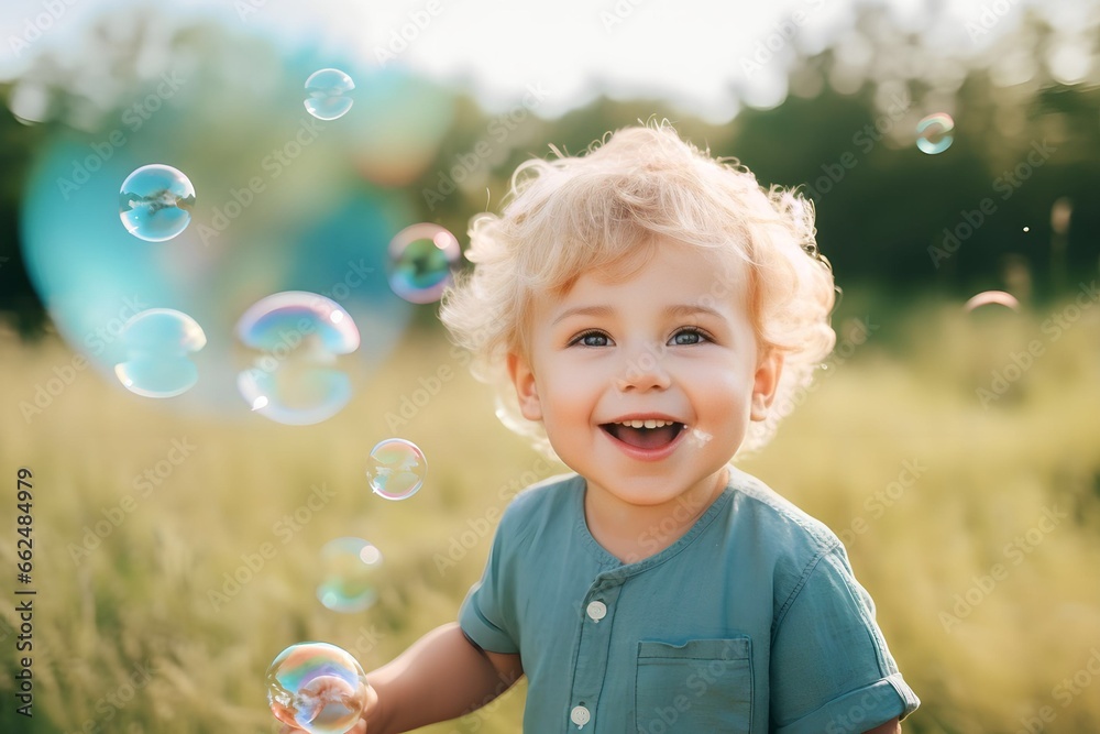 blonde child playing with soap bubbles in outdoor blonde child playing with soap bubbles in outdoor