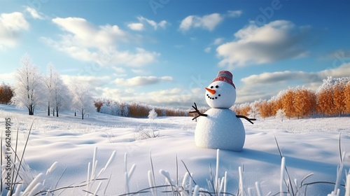 A solitary snowman standing in a snowy meadow, with a carrot nose and scarf, set against a serene winter landscape.