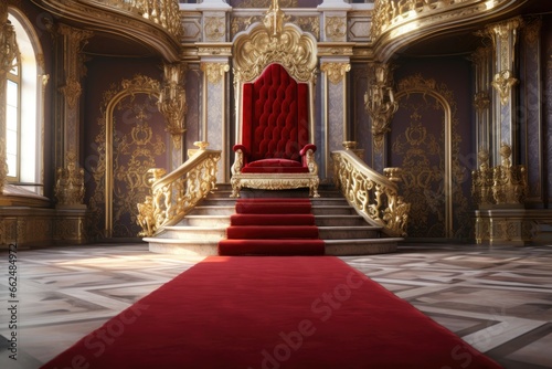 red carpet on castle or palace interior with golden chair bench of king  photo