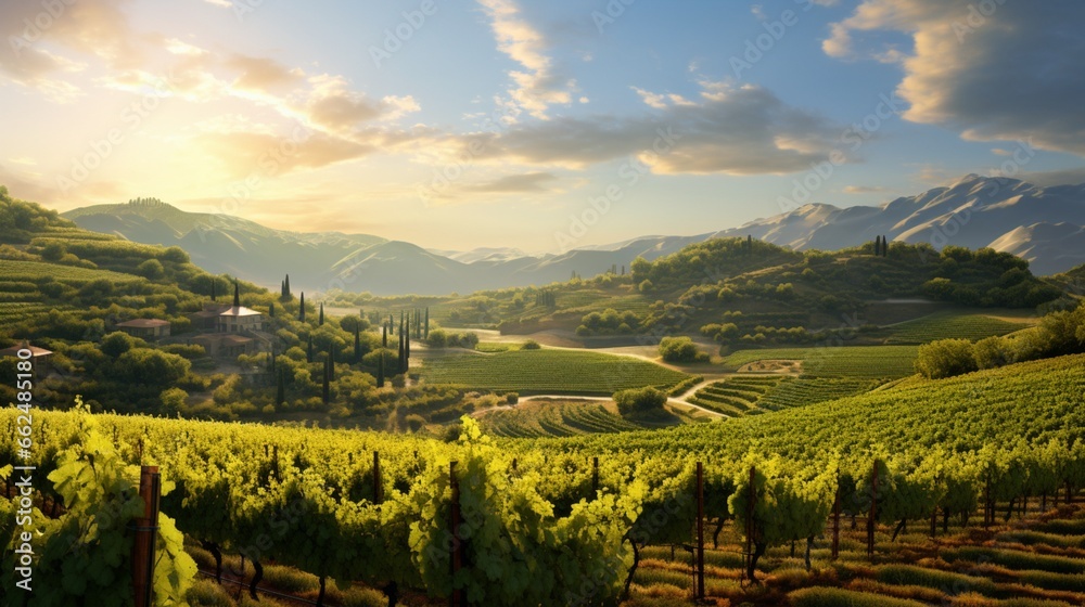 A sunlit vineyard in late summer, with rows of grapevines extending towards the horizon, surrounded by rolling hills.