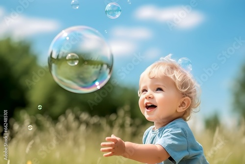 blonde child playing with soap bubbles in outdoor
