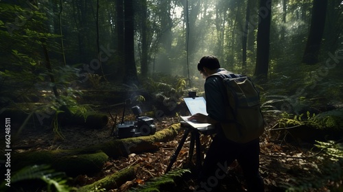 A man working on his laptop in the peaceful serenity of the forest
