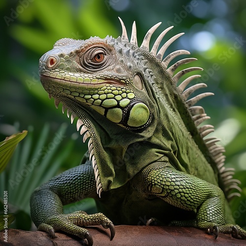 Green iguana in side view