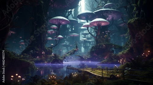 A surreal and fantastical forest scene  with floating islands of vegetation and a mysterious glow emanating from the trees.