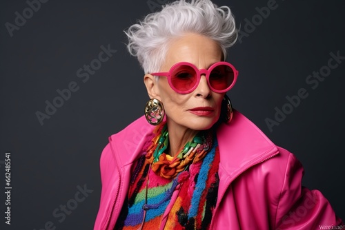 Fashionable senior woman with stylish hairstyle wearing pink sunglasses and colorful scarf.