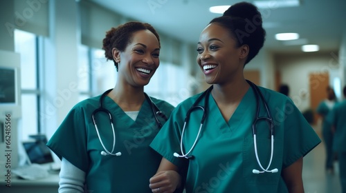Two happy women in green scrubs smiling for the camera