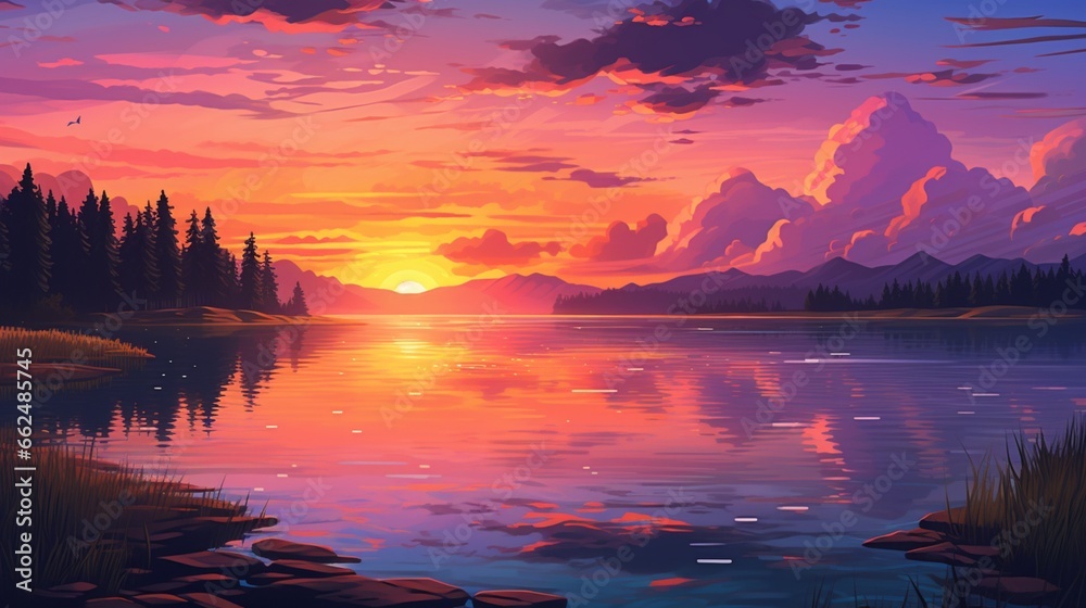 A tranquil summer sunset over a calm lake, with the sky painted in warm tones of orange, pink, and purple.