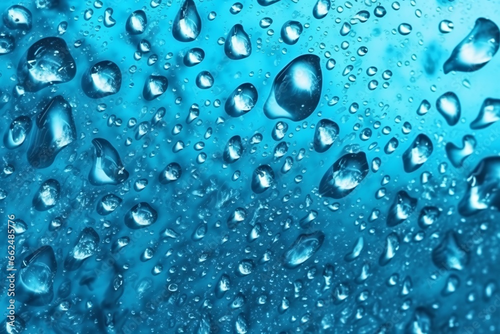 Water drops on glass with blue tone. Abstract background and texture. Blue water background with bubbles. Abstract macro photo of water surface.