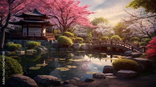 A tranquil pond in a Japanese garden, surrounded by cherry blossom trees in full bloom, creating a serene and picturesque scene.