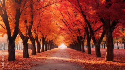 A vibrant autumn scene with colorful leaves covering the ground beneath a canopy of red and gold trees.