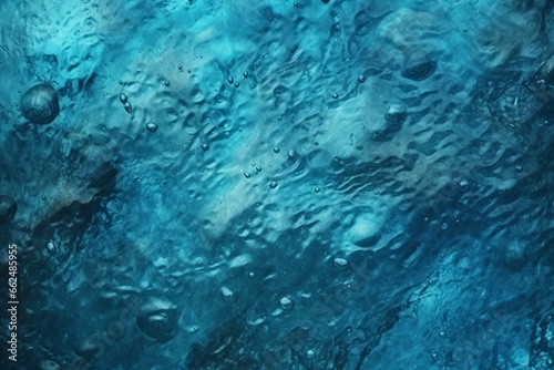 Water drops on glass with blue tone. Abstract background and texture. Blue water background with bubbles. Abstract macro photo of water surface.