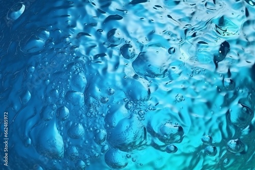 Water drops on glass with blue tone. Abstract background and texture. Blue water background with bubbles. Abstract macro photo of water surface.