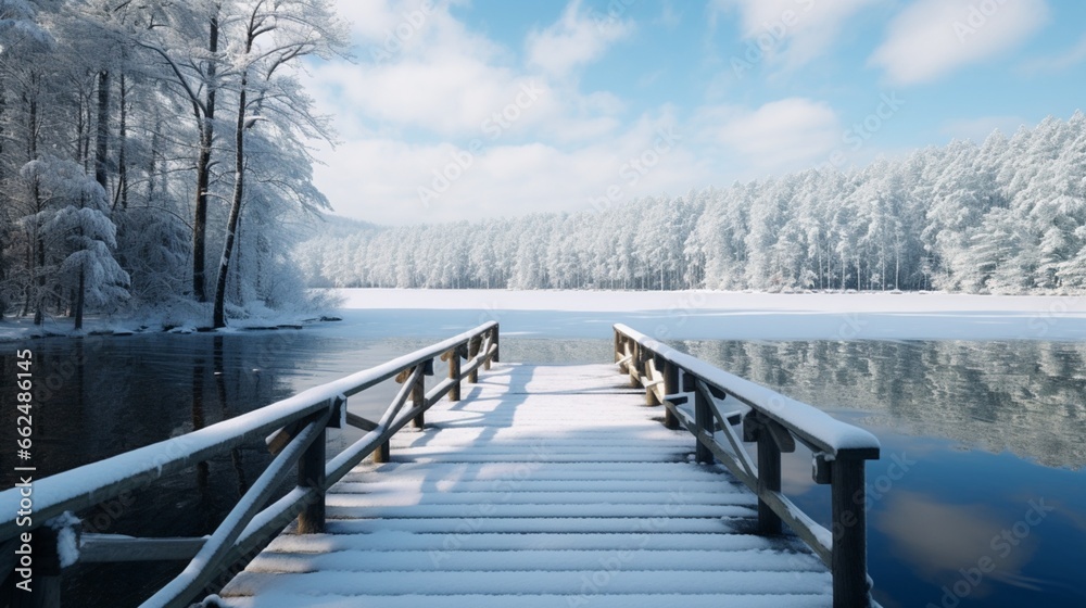 A winter scene with a frozen lake surrounded by snow-covered trees and a wooden dock covered in a layer of fresh snow.
