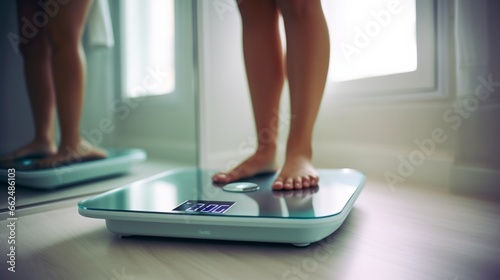 A person weighing themselves on a bathroom scale photo