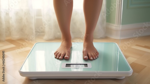 A person weighing themselves on a scale in a room