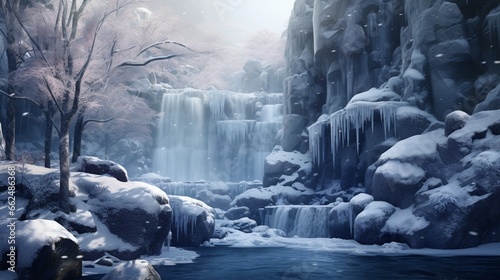 A winter scene with a frozen waterfall surrounded by icy rocks, with snow-covered trees and a serene landscape.