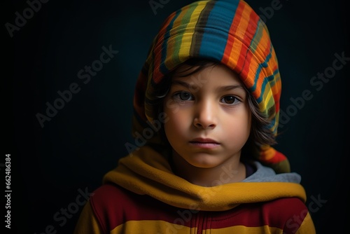 Portrait of a cute little boy in a colorful hat and scarf