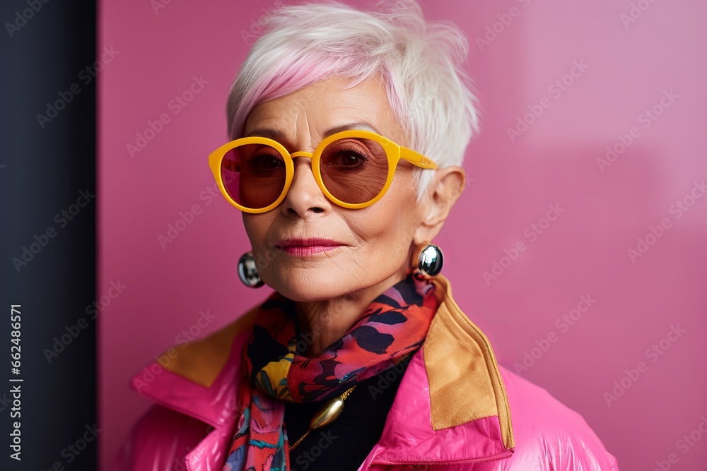 Portrait of a beautiful senior woman with short pink hair in stylish sunglasses