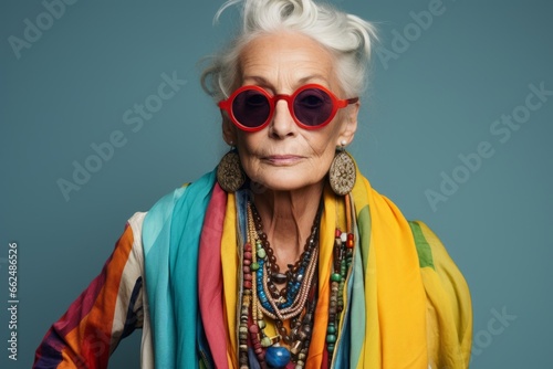 Portrait of a beautiful senior woman wearing sunglasses and a colorful scarf © Iigo