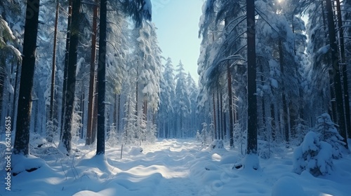 A winter scene with a snow-covered path winding through a forest, with tall pine trees and a serene atmosphere. © Nasreen