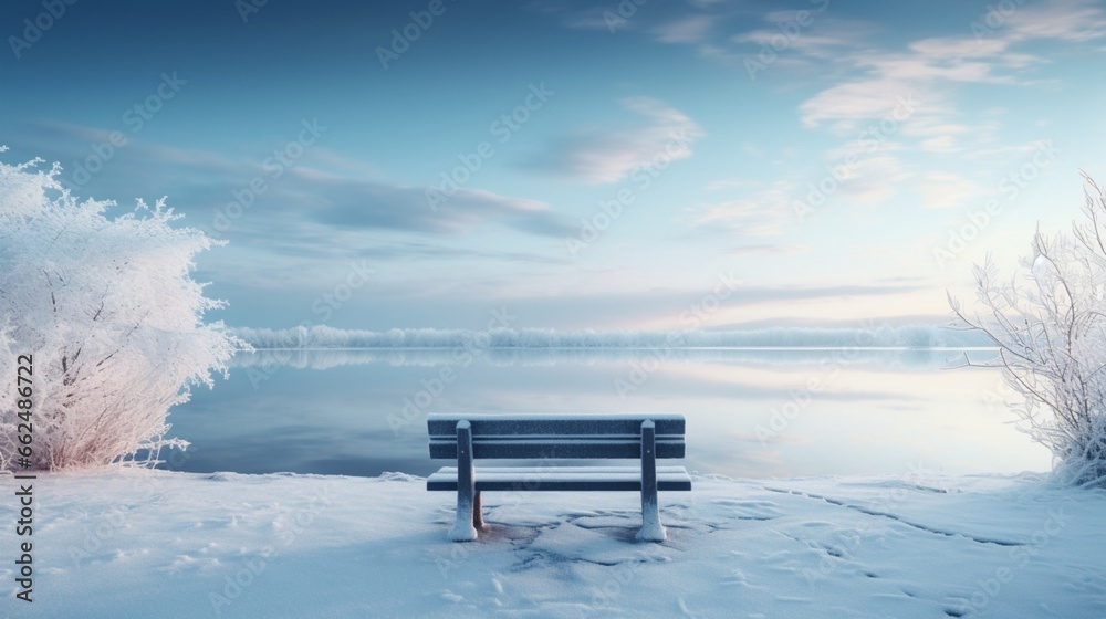A wooden bench covered in snow overlooking a frozen lake, with a serene winter landscape stretching into the distance.