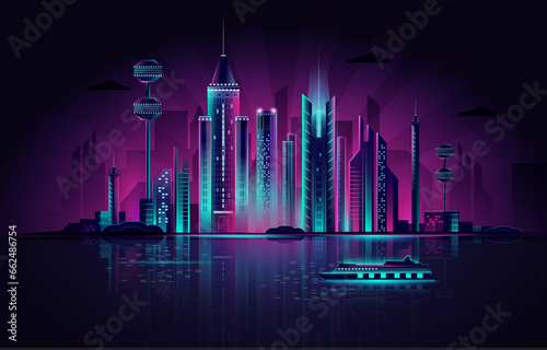 Big city party night life with water and cruise 
