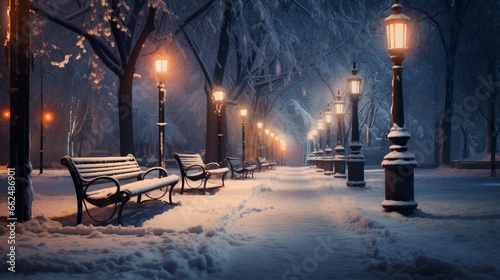 Candlelit path winding through a winter park, with snow-covered benches and trees creating a serene and romantic atmosphere under the wintry night sky.
