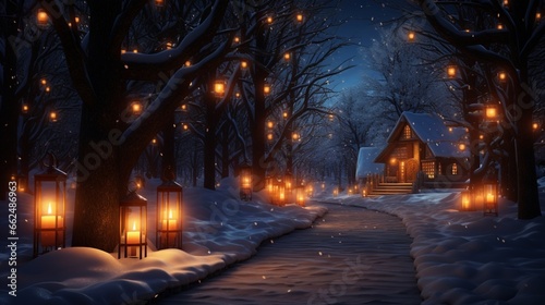Candlelit path in the snow  with soft glow from lanterns casting a warm and inviting ambiance on a winter night.