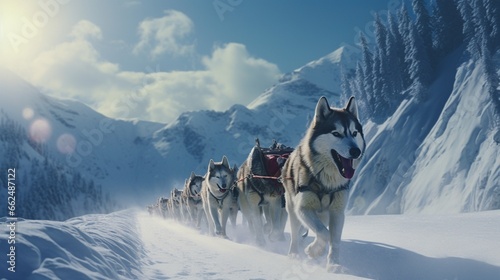 Dog sled team maneuvering through a challenging winter mountain pass, with the musher guiding the sled as the enthusiastic dogs power through the snowy terrain.