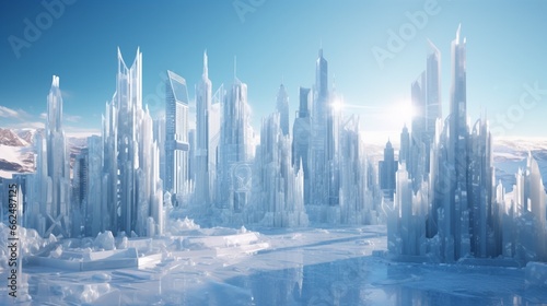 Detailed winter cityscape with skyscrapers transformed into glittering ice sculptures.