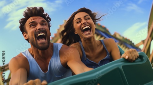 A couple enjoying a thrilling ride on a roller coaster © mattegg
