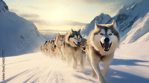 Dog sled team maneuvering through a challenging winter mountain pass, with the musher guiding the sled as the enthusiastic dogs power through the snowy terrain. © Nasreen